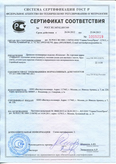 Сертификат соответствия террасная доска ДПК Террапол